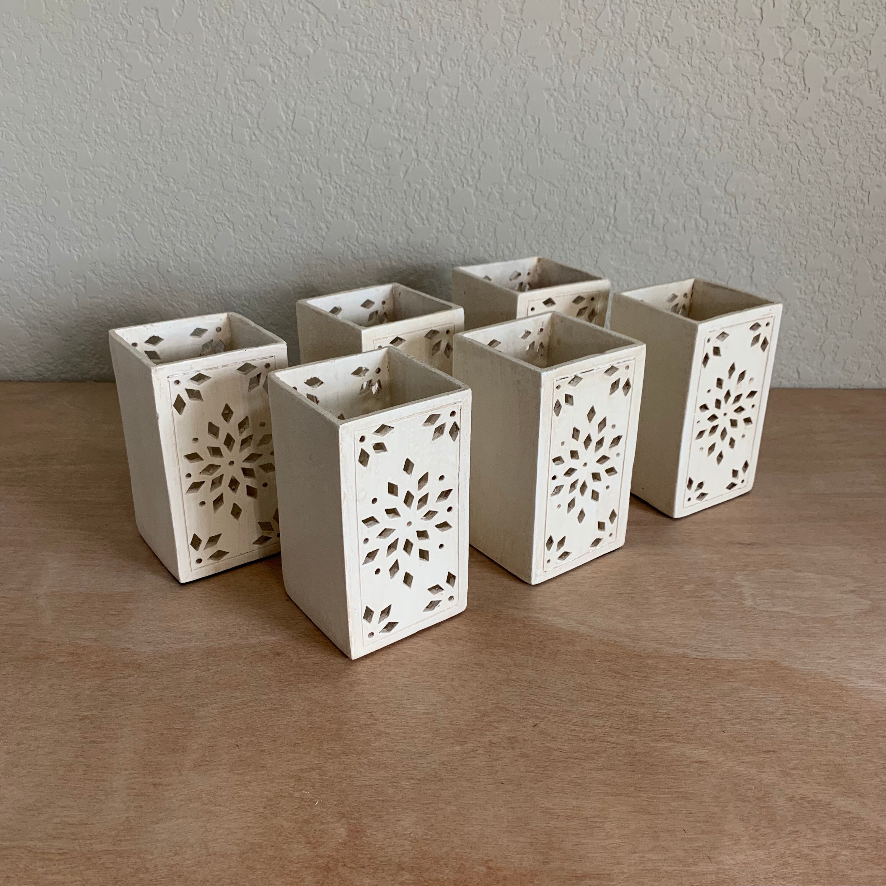 Snowflake Candle Holders, Set of 6 | Genuine Vintage | Handmade | White