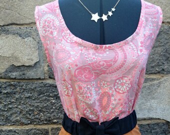 Pink tank top, pink tee shirt print, pink and white, printed flowers, sleeveless, blue, dots, size 40