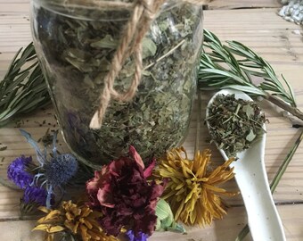 Aunt Flo's Loose Herbal Tea - Tea Mix - alfalfa - ladys mantle - lemon balm - red raspberry leaves - stevia leaves - nettle leaves - Tea