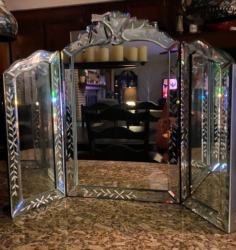 Ornate Victorian Mirror Trifold Etched Beveled Vanity Etsy