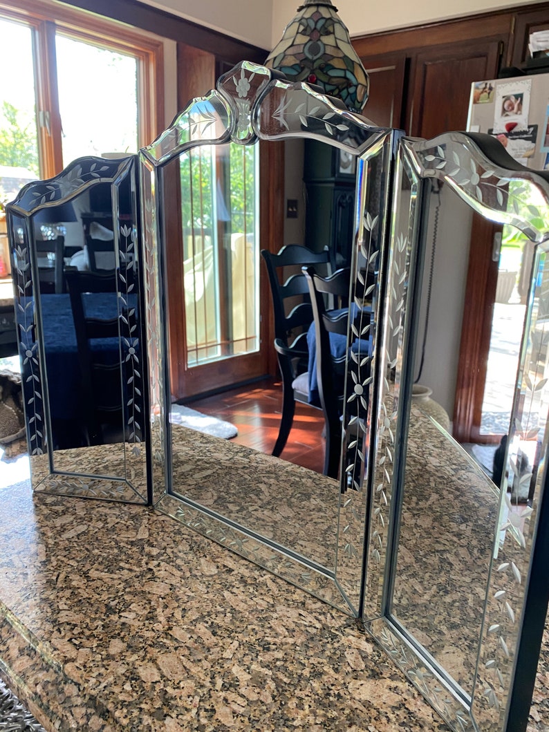 Ornate Victorian Mirror Trifold Etched Beveled Vanity Etsy
