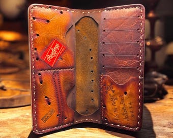 Leather Ten Pocket Baseball Bifold Travel Wallet repurposed from a Rawlings Baseball Glove