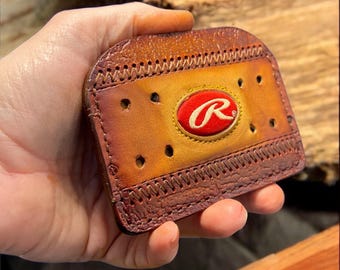 Minimalist Leather Three Pocket Baseball Wallet featuring Rawlings wrist strap