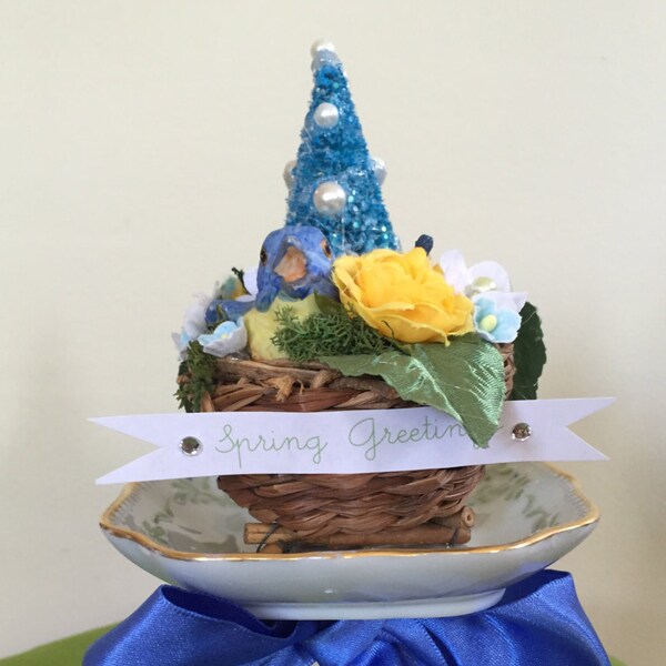 Spring Decoration with Bluebird, Straw Nest, Vintage China Saucer; Glittered Bottlebrush Tree, Moss, Flowers, Spring Table Decor