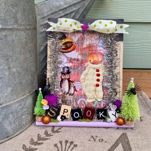 Shabby Chic Halloween Decoration Gift Whimsical Vintage Theme Purple Scrabble Tile Rack w vintage style Halloween Card; Halloween Assemblage
