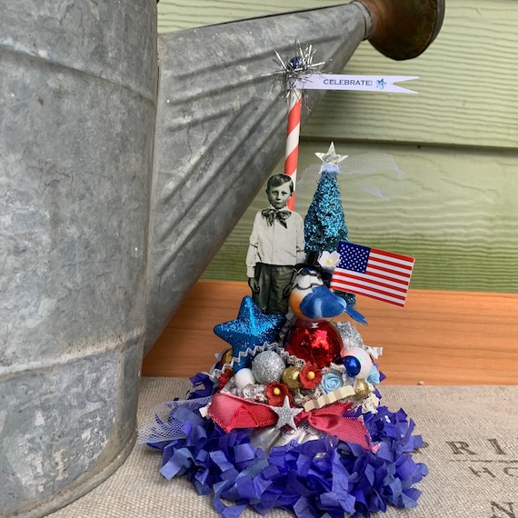 Fourth of July Patriotic Decoration Centerpiece with Vintage Jello Mold, Vintage Boy, Shiny Brite Ornaments, Patriotic Bottlebrush Tree