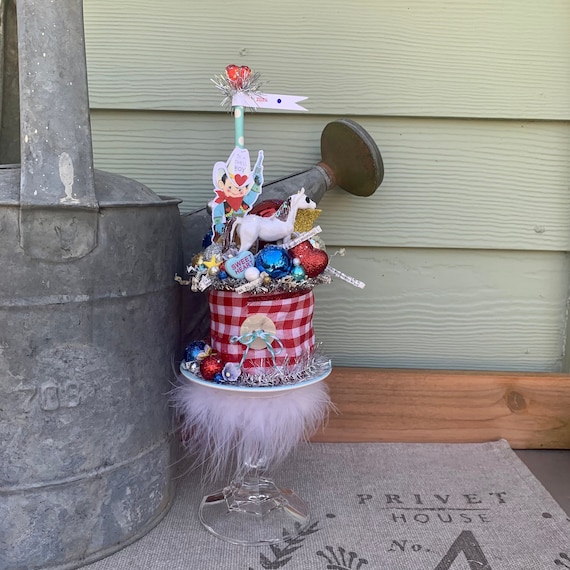 Shabby Chic Cottage Style Valentine Centerpiece Decoration w/vintage cowboy, miniature horse, Ribbon Spool & Glass Candlestick