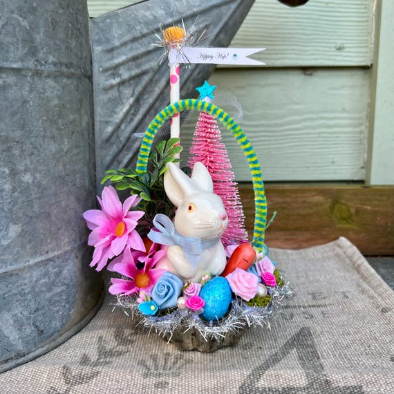 Vintage-Inspired Easter Bunny Basket | Whimsical Spring Decor | Handmade Pastel Easter Arrangement