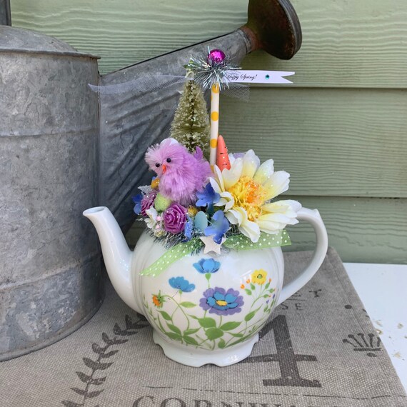 Shabby Chic Cottage Style Ceramic Easter Chick Centerpiece Decoration with Vintage Flowered Teapot, Glittered Easter Egg, Millinery Flowers