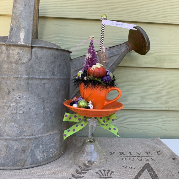 Halloween Vintage Inspired Altered Art Shabby Decoration w/ Ghost Boy; Centerpiece with Orange Cup & Saucer, Polka Dot Ribbon, Cordial Glass