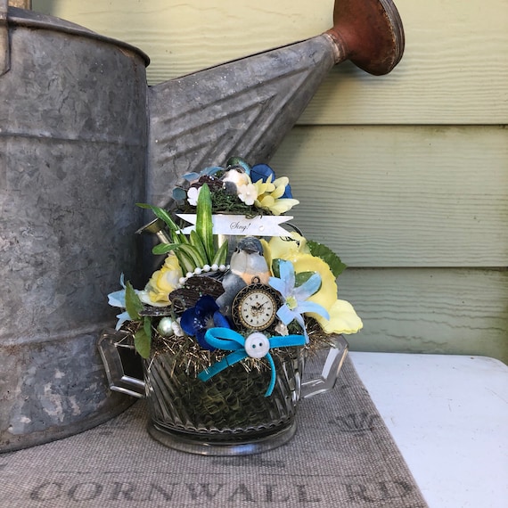 Garden Tea Party Bridal Baby Shower Centerpiece with Birds, Pressed Glass Sugar Bowl, Miniature Watering Can, Millinery Flowers