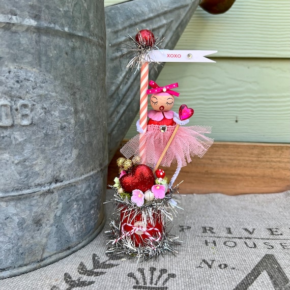 Vintage Style Shabby Chic Cottage Style Decoration with Valentine Girl, Glitter Heart, Heart Wand, Vintage Spool