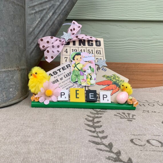 Shabby Chic Easter Decoration Gift Whimsical Vintage Theme Green Scrabble Tile Rack with vintage style Easter Card; Easter Assemblage