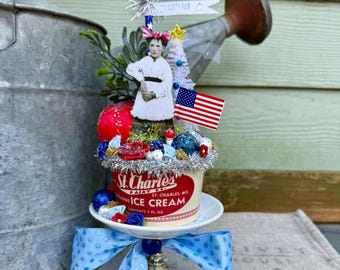 Patriotic Americana Folk Art: Vintage Ice Cream Tin Assemblage