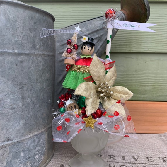 Vintage Inspired Shabby Chic Upcycled Christmas Centerpiece Decor with Vintage ornament lady, Compote Dish, Millinery Flowers, Bottle Brush