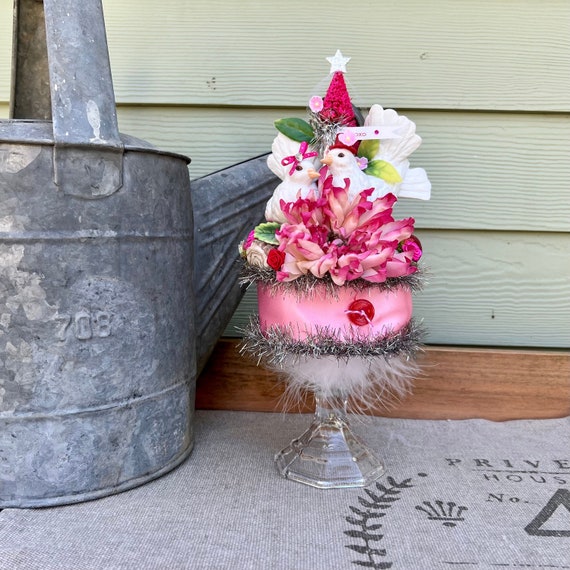 Shabby Chic Cottage Style Valentine Centerpiece Decoration with Vintage Porcelain Doves, Pink Bottle Brush Tree, Ribbon Spool & Candlestick