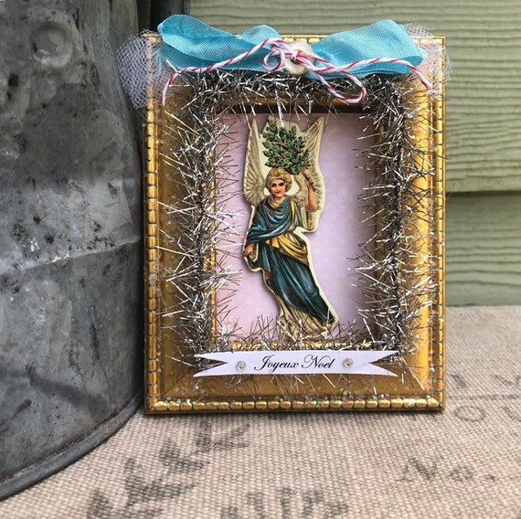 Shabby Chic Christmas Holiday Decoration Gift Whimsical Vintage Theme Gold Glittered Frame with Victorian Angel Image and Vintage Button