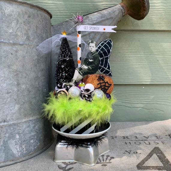 Shabby Chic Vintage Inspired Halloween Tabletop Decoration Altered Art Centerpiece with Bottle Brush Tree, Ghost Fairy Boy and Pumpkin