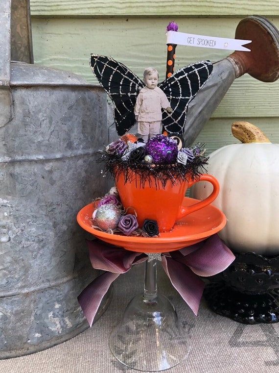 Halloween Vintage Inspired Altered Art Shabby Decoration w/ Fairy; Centerpiece with Orange Cup & Saucer, Purple Ombre Ribbon, Cordial Glass