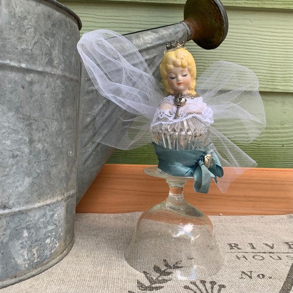 Garden Tea Party Bridal Shower Gift or Centerpiece Shabby Chic Vintage Porcelain Fairy Doll with Rhinestone Jewelry & Vintage Crystal Shaker