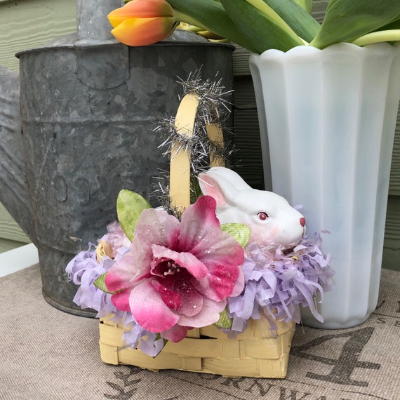 Shabby Chic Cottage Style Easter Decor with Yellow Basket, Ceramic Bunny, Pink Easter Grass and Glitter Flowers Upcycled Centerpiece