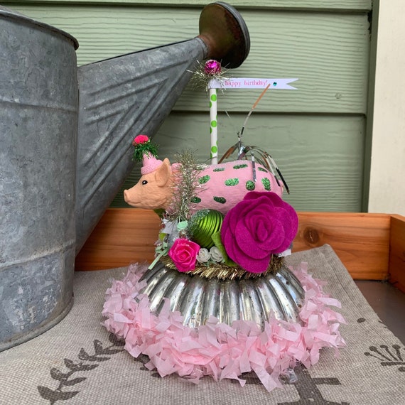 Shabby Chic Cottage Style Birthday Centerpiece or Gift w/Party Pig, Vintage Jello Mold, Millinery Flowers, Crepe Fringe