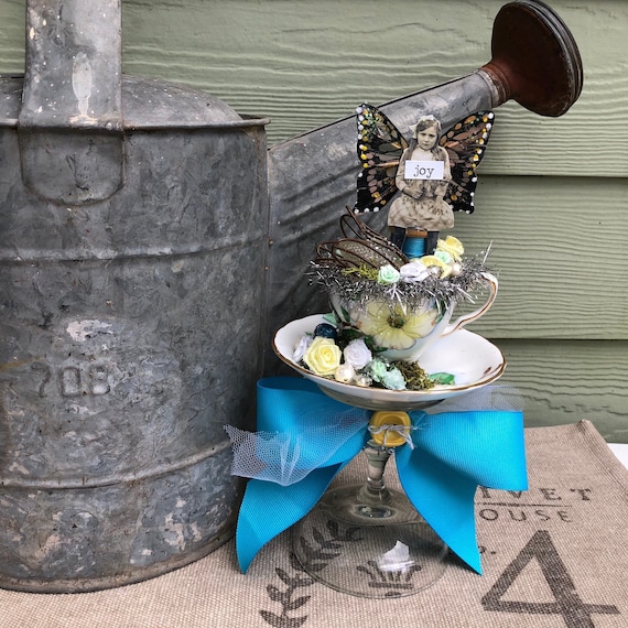 Shabby Chic Centerpiece Gift with Vintage China Demitasse Cup and Saucer, Fairy, Vintage Spool, Glittered Moss and Ephemera, Ribbon