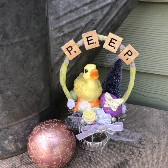 Shabby Chic Easter Cottage Style Vintage Baby Duck in Easter Basket Decoration with Glittered Bottle Brush Tree, Millinery Flowers, Tin