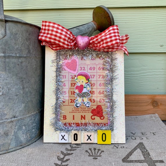 Shabby Chic Valentine Decoration Gift Whimsical Vintage Theme White Glittered Frame with vintage style valentine; Valentine Assemblage