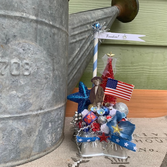 Fourth of July Patriotic Decoration Centerpiece with Vintage Star Shaped Jello Mold, Vintage Boy, Patriotic Red Bottlebrush Tree