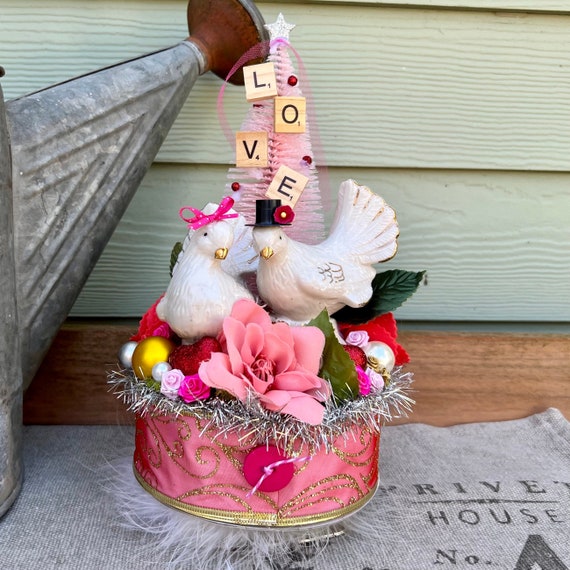 Shabby Chic Cottage Style Valentine Centerpiece Decoration with Vintage Porcelain Doves, Pink Bottle Brush Tree, Ribbon Spool & Candlestick
