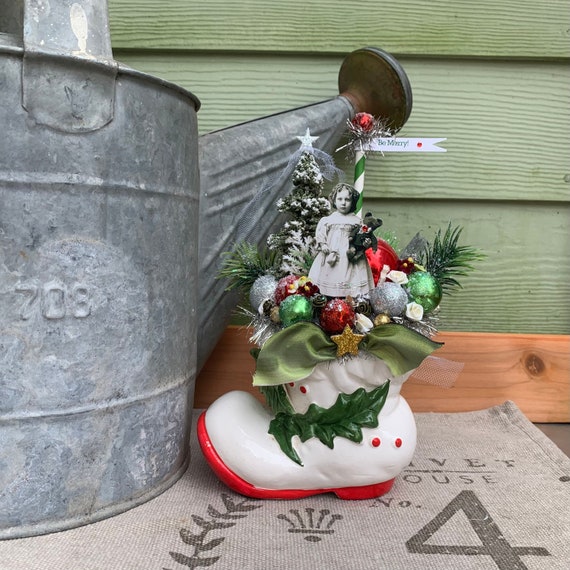 Shabby Chic Cottage Style Holiday Christmas Centerpiece Decoration w/ vintage Girl, Vintage Boot Saucer, Bottlebrush Tree and Shiny Brite