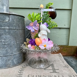 Whimsical Bunny Easter Display – Handmade Spring Decor with Butterfly & Flowers