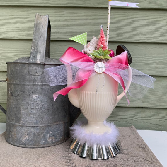 Shabby Chic Cottage Style Ceramic Easter Chick Centerpiece Decoration with Vintage China Teapot, Pink Bottlebrush Tree, Millinery Flowers