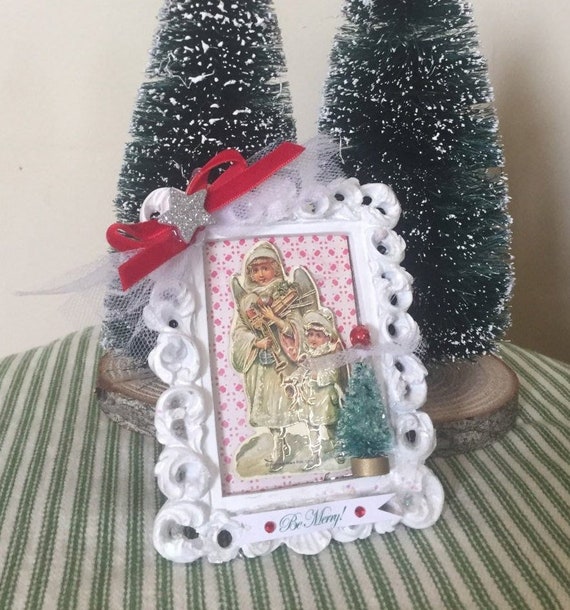 Shabby Chic Altered Art Christmas Holiday Decoration Gift Whimsical Vintage Theme White Glittered Frame with vintage children image