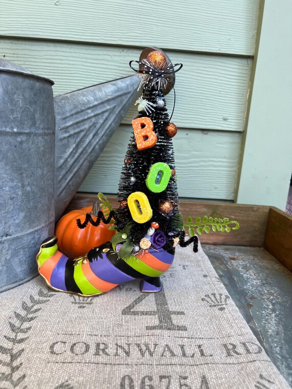 Vintage Style Halloween Decor with Spooky Chic Halloween Tree in Witch's Shoe – Unique Handmade Holiday Decor
