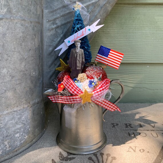 Fourth of July Patriotic Decoration Centerpiece with Vintage Pewter Creamer, Vintage Patriotic Boy, Patriotic Blue Bottlebrush Tree