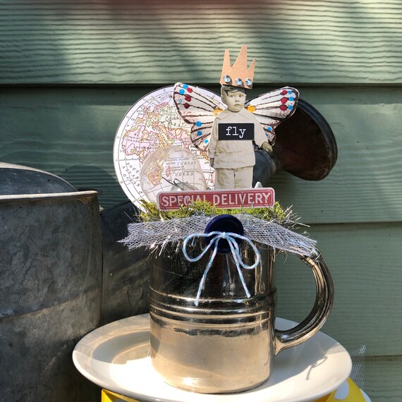 Shabby Chic Shower Centerpiece Gift with Vintage Silver Baby Cup, Fairy Prince, Vintage Light Bulb, Glittered Moss and Ephemera, Ribbon