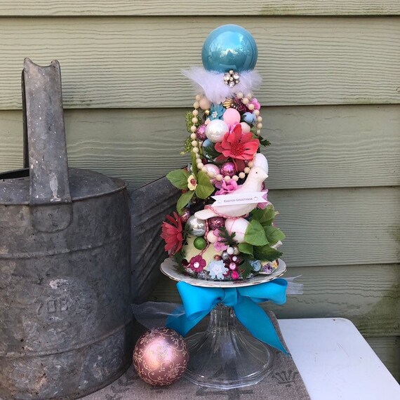 Shabby Chic Cottage Style Easter Decoration w/vintage jewelry, Shiny Brite Ornaments and Ephemera