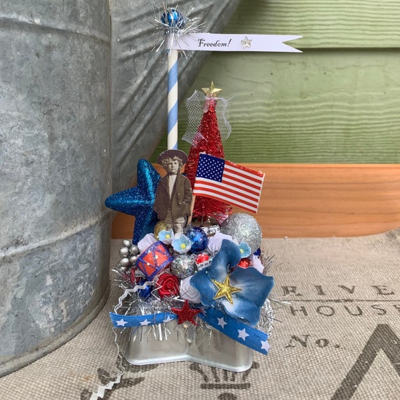 Fourth of July Patriotic Decoration Centerpiece with Vintage Star Shaped Jello Mold, Vintage Boy, Patriotic Red Bottlebrush Tree