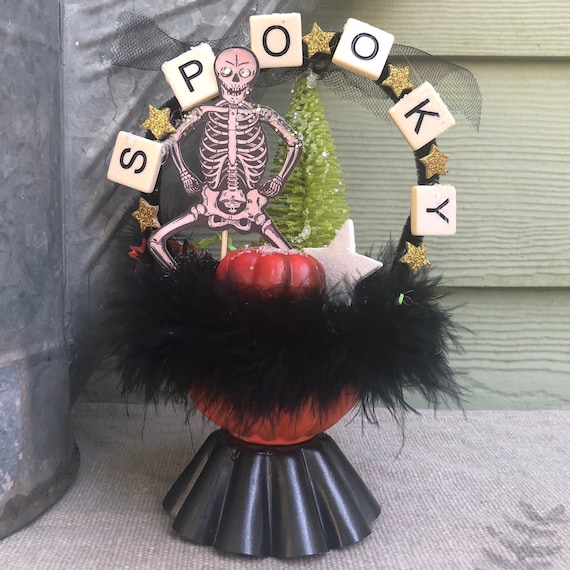 Vintage Style Halloween Decor with Vintage Style Skeleton; Vintage Jello Mold, Altered Art Centerpiece Decoration with Bottlebrush Tree