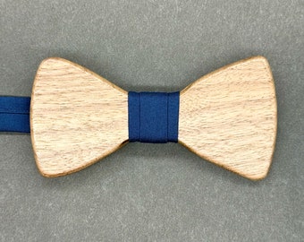 Wooden Bow Tie / Navy Strap / Black Walnut Wood / adjustable neck size 15 - 19 inches