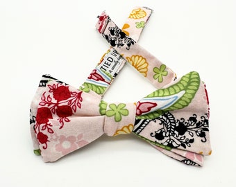 Freestyle Bow Tie / Whimsical Pink Red Green Black Paisley / adjustable 15 - 19 inches