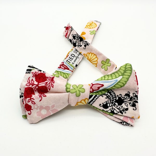 Freestyle Bow Tie / Whimsical Pink Red Green Black Paisley / adjustable 15 - 19 inches