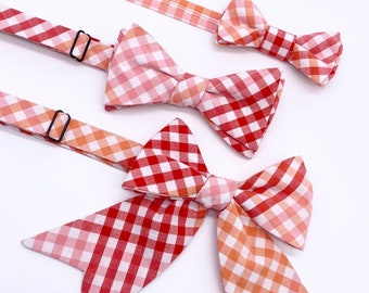 Bow Ties & Bows Matching Sets / Red Pink Coral Tangerine Check / Matching Set / Hair Bow / Bowties / Mother Daughter Father Son