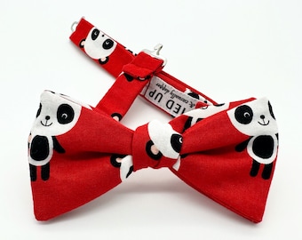 Red Black & White Panda Freestyle Bow Tie / adjustable 15 - 19 inches