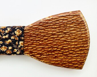 Wooden Bow Tie / Navy Strap with Caramel Flowers / adjustable neck size 15 - 19 inches
