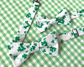 Shamrock Clover Freestyle Bow Tie / Green & White / adjustable 15 - 19 inches