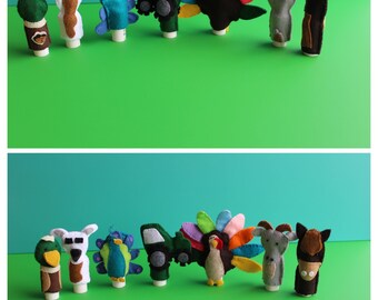 Finger Puppets, Felt, Farm Friends, Set of 7 Includes one each, tractor, goat, llama, duck, turkey, peacock, and horse, Imaginative Play