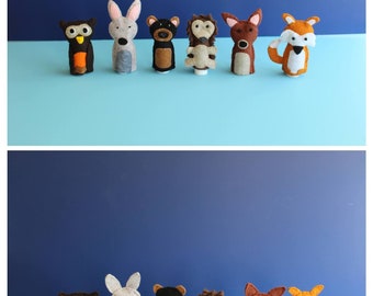 Finger Puppets Felt, Woodland Friends, Set of 6 includes 1 each, Rabbit, Bear, Deer, Hedgehog, Owl, Fox, Great for Imaginative or Quiet Play